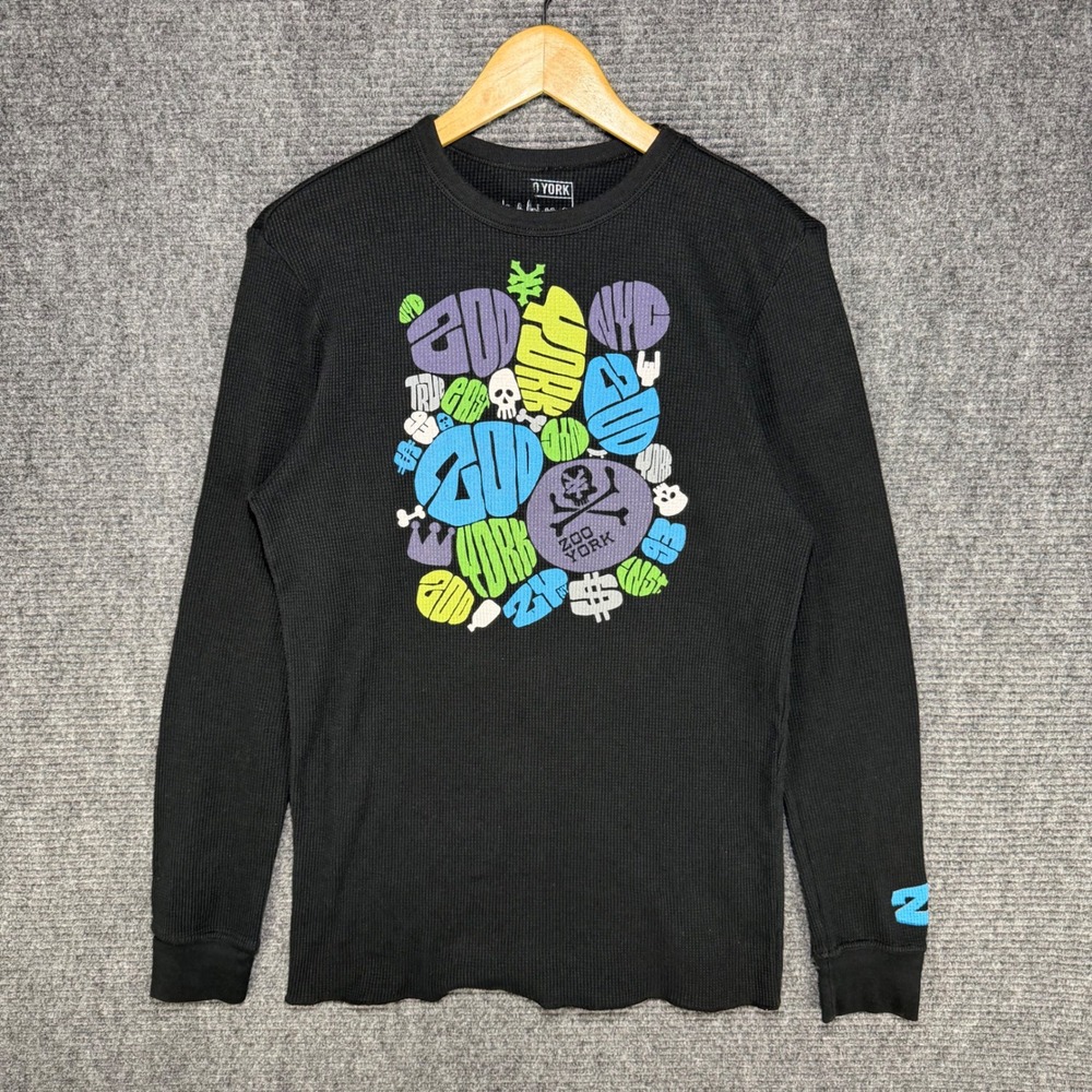 Zoo York Mens Long Sleeve Thermal Waffle Knit Graphic Shirt Black NYC Skate